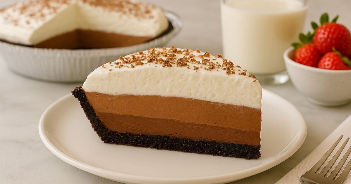 No-Bake Chocolate Pie topped with whipped cream and chocolate shavings on a chocolate cookie pie crust.