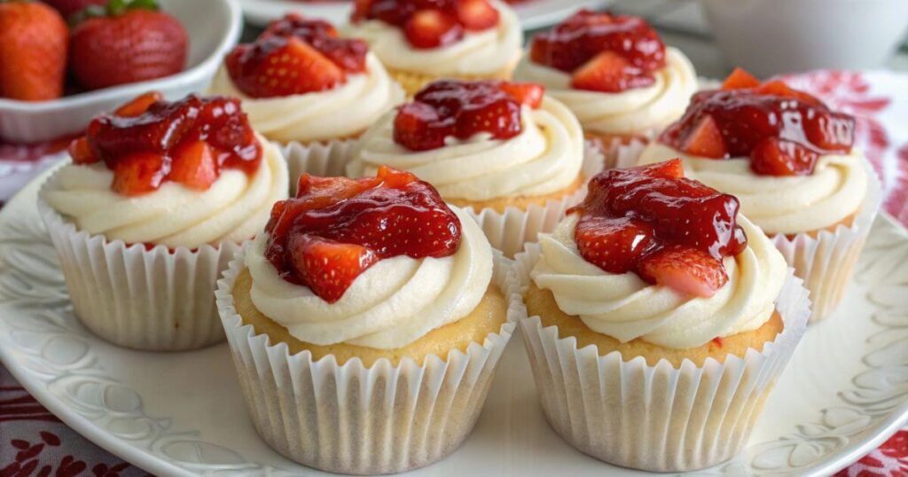 Freshly baked strawberry cheesecake cupcakes topped with whipped cream and strawberry compote, perfect for a quick 30-minute dessert.