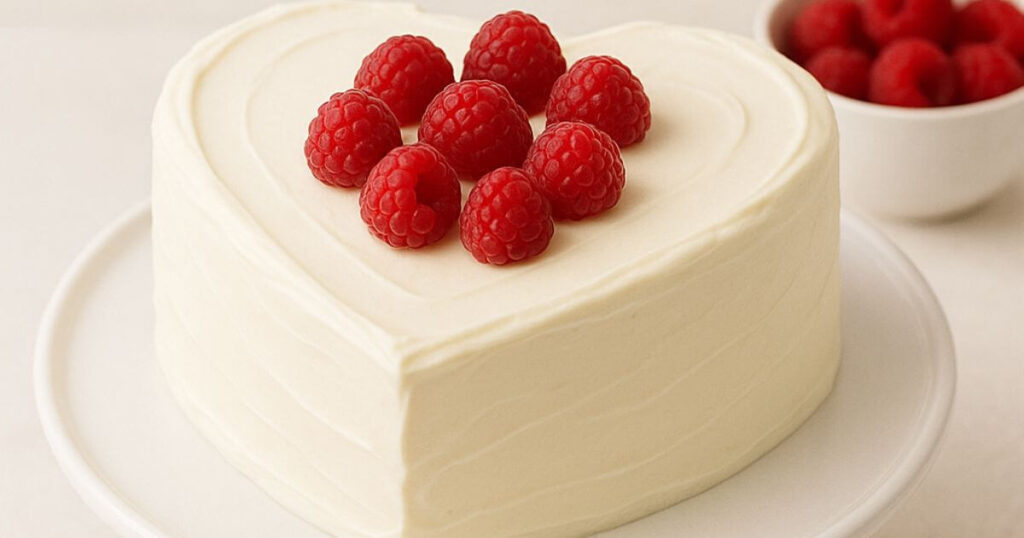 Heart-shaped red velvet cake with smooth white frosting and raspberries on top, served on a white cake stand with a bowl of fresh raspberries in the background