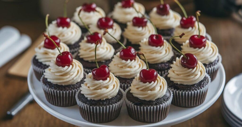 Freshly baked chocolate cupcakes topped with creamy vanilla frosting, displayed on a cake stand.