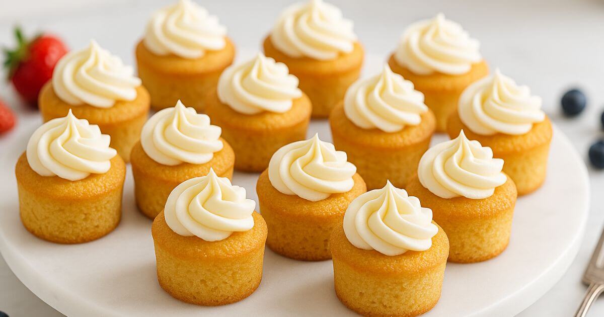 Close-up of golden mini cakes topped with cream cheese frosting, arranged on a white plate with berries in the background.