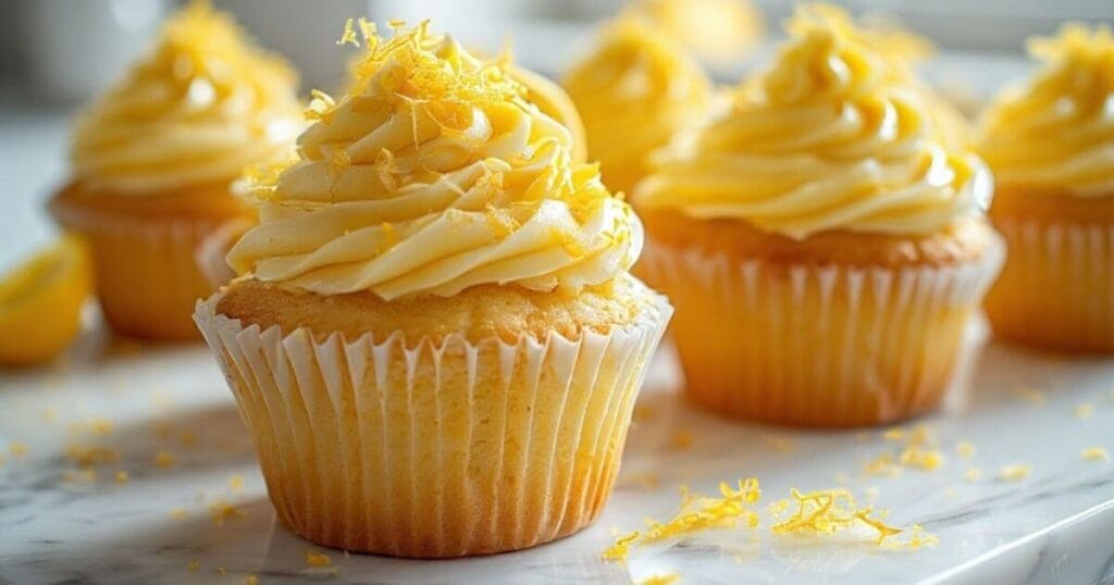 Coconut vanilla cupcakes topped with bright lemon frosting and fresh lemon zest.