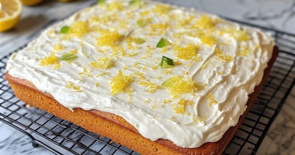 Freshly baked citrus cake topped with garnished with zest of lemon, orange, and lime, and frosted with citrus cream cheese frosting.