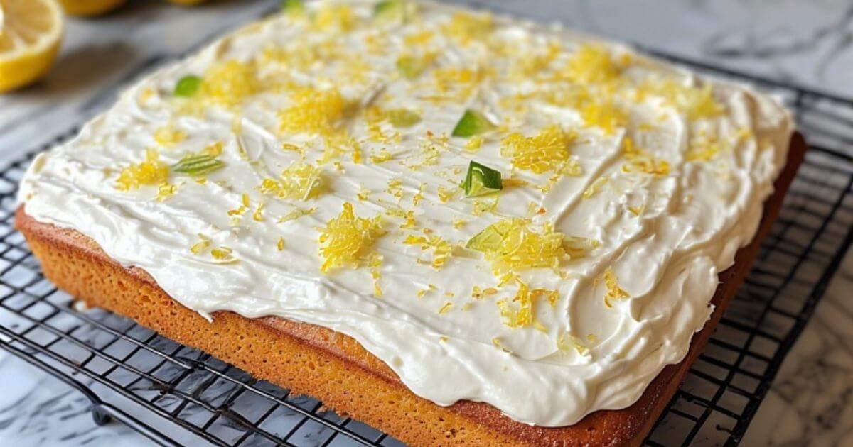 Freshly baked citrus cake topped with garnished with zest of lemon, orange, and lime, and frosted with citrus cream cheese frosting.