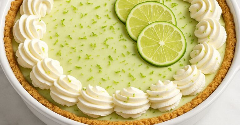 A creamy no-bake key lime pie topped with whipped cream and lime slices, served in a white ceramic dish on a marble surface.