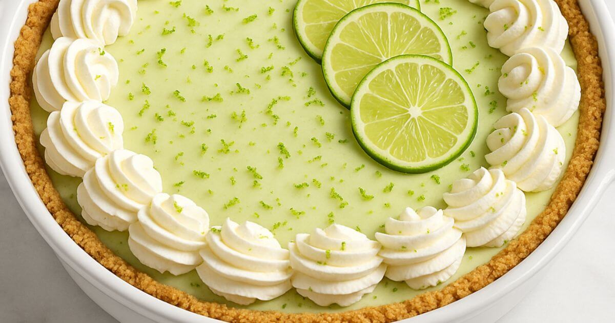 A creamy no-bake key lime pie topped with whipped cream and lime slices, served in a white ceramic dish on a marble surface.