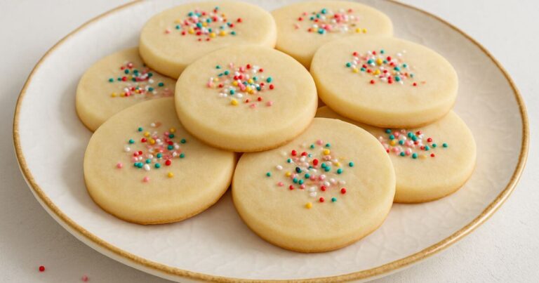 A close-up of 3 ingredient sugar cookies topped with colorful sprinkles, neatly arranged on a white textured ceramic plate with a gold rim.