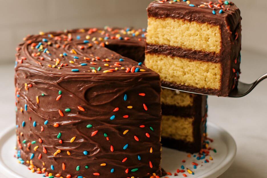 moist yellow cake with chocolate icing