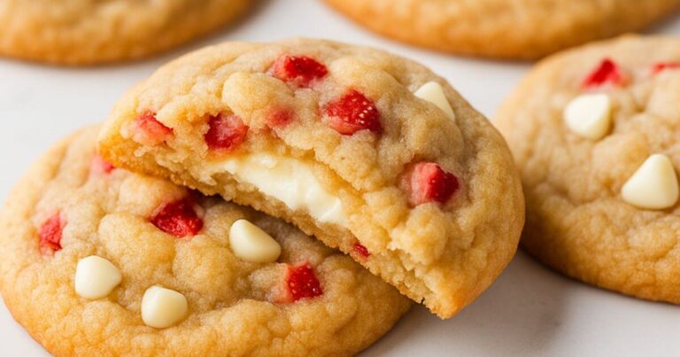 Freshly baked strawberry cheesecake cookies stacked on a marble surface, with visible strawberry pieces and creamy cheesecake.