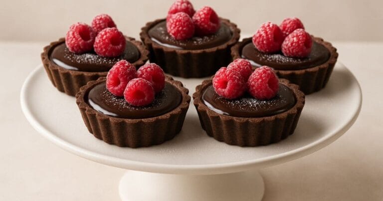 Mini chocolate tart topped with raspberries and powdered sugar on a cake stand
