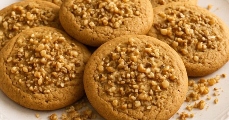 Freshly baked pumpkin cookies topped with chopped walnuts, displayed on a white decorative plate.