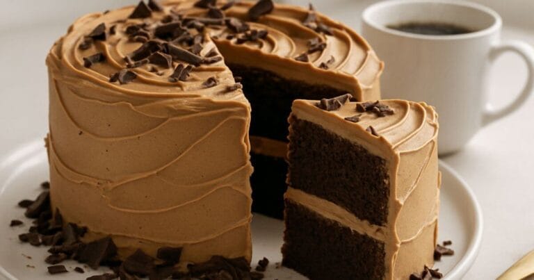 Two-layer chocolate coffee cake with coffee buttercream and chocolate shavings on a white plate