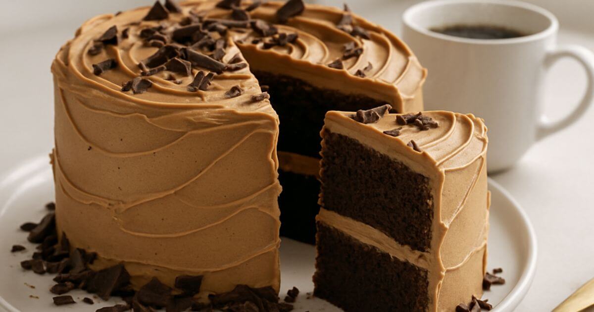 Two-layer chocolate coffee cake with coffee buttercream and chocolate shavings on a white plate