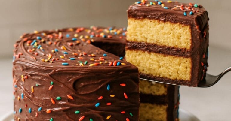 Freshly baked yellow cake with chocolate icing on top, sliced and ready to serve