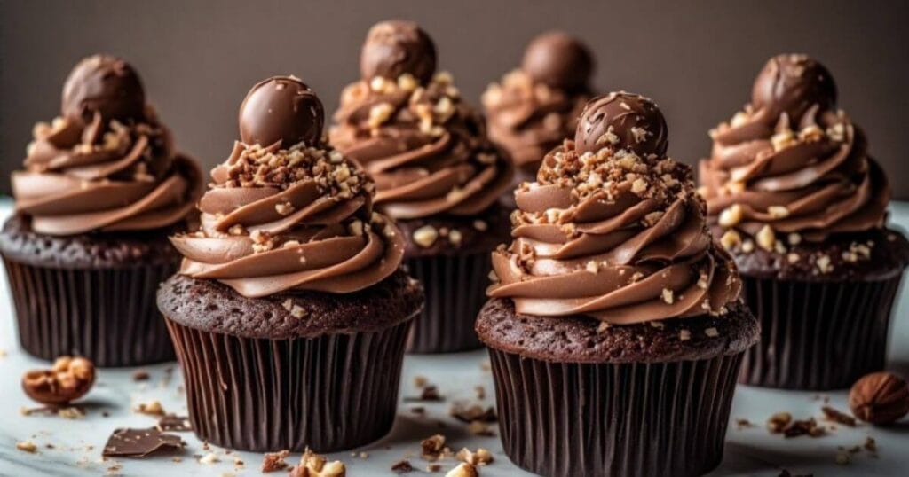 Decadent Chocolate Hazelnut Truffle Cupcakes topped with silky buttercream swirls, chocolate truffles, and chopped hazelnuts, arranged elegantly on a marble surface.