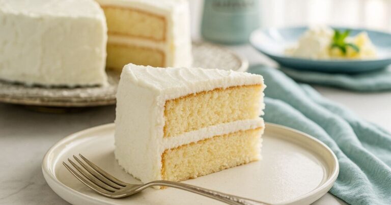 Slice of White Velvet Cake with creamy frosting on a plate, showing two fluffy layers and a smooth bakery-style finish.