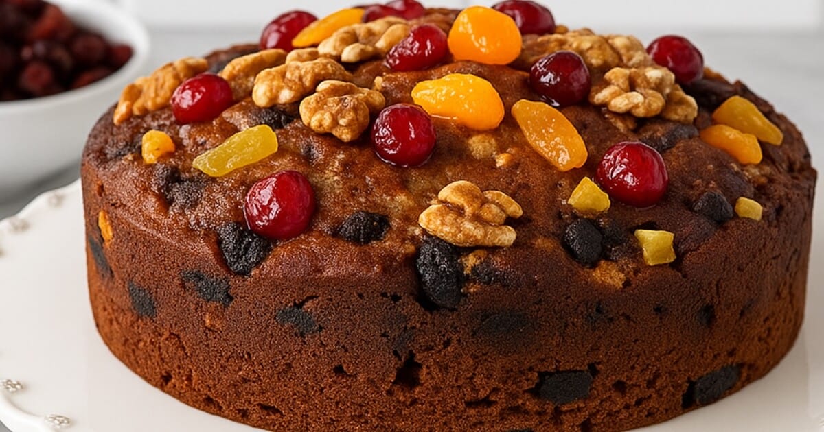 Chocolate Fruit Cake with colorful dried fruits and chocolate chips, showing its moist, tender texture.