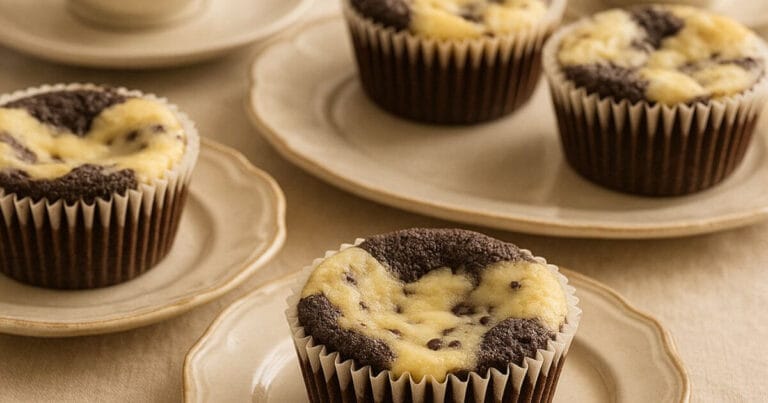 Freshly baked Black Bottom Cupcakes with creamy cheesecake tops and chocolate bases