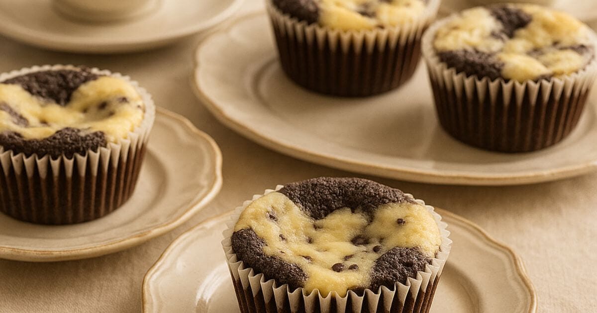 Freshly baked Black Bottom Cupcakes with creamy cheesecake tops and chocolate bases