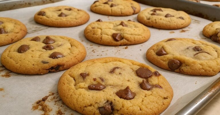 Freshly baked chocolate chip cookies, showcasing the perfect homemade texture.