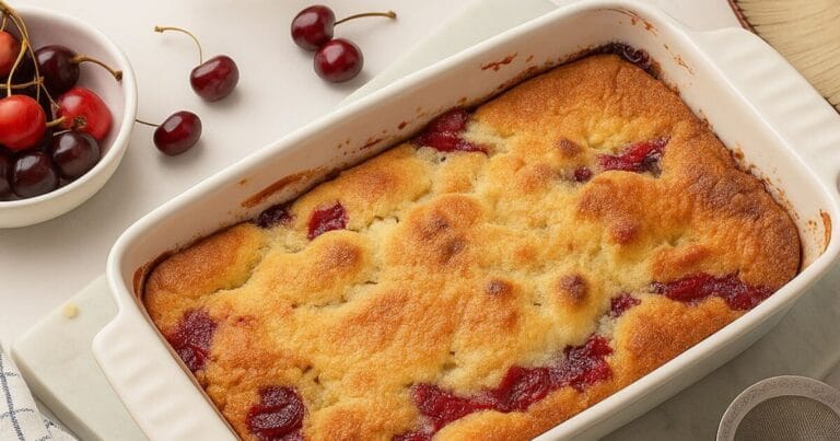 Easy Cherry Dump Cake in a white baking dish with bubbling cherry filling and golden crispy top, 5-ingredient dessert magic.