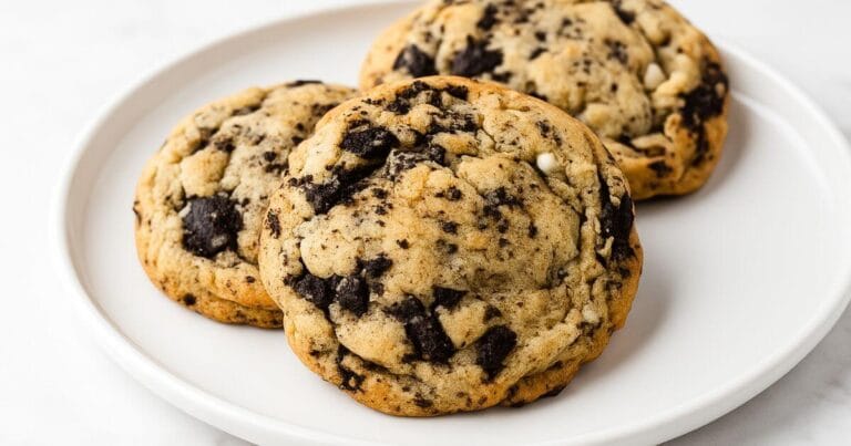 Cookies and cream cookies stacked on a white plate over marble, showing chocolate chunks and creamy texture.
