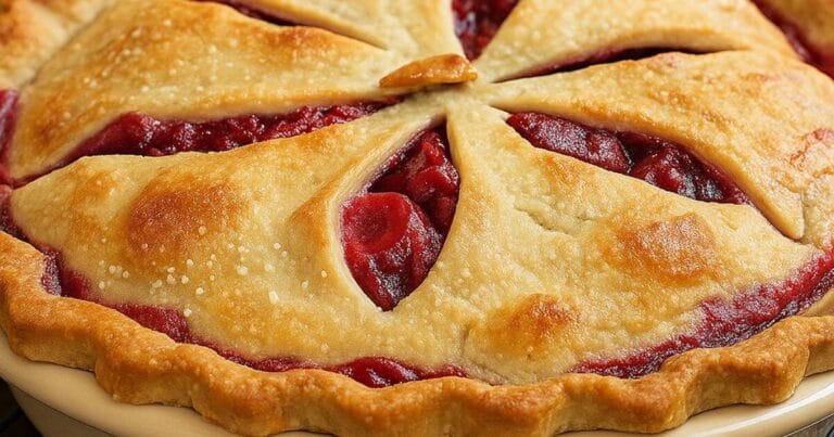 Homemade raspberry pie with golden flaky crust and juicy red filling in 5 easy steps
