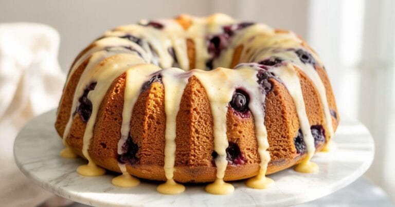 Freshly baked Blueberry Lemon Bundt Cake with a golden crust, bursting blueberries, and a drizzle of lemon glaze best recipe ever.