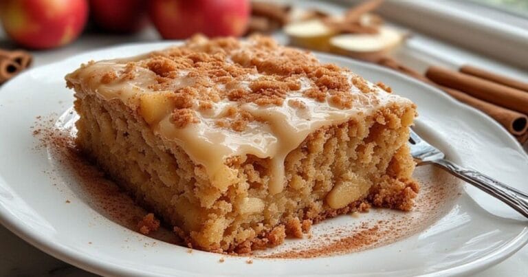 Moist apple spice cake slice with glaze and cinnamon topping on a white plate.