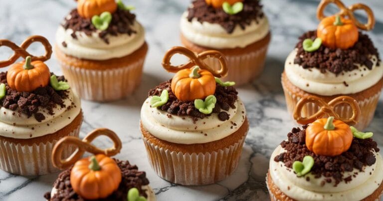 Pumpkin Patch Cupcakes decorated with mini pumpkins, pretzels, and chocolate crumbs on cream cheese frosting.
