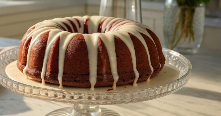 Red Velvet Bundt Cake with cream cheese glaze on a glass cake stand in a bright kitchen.