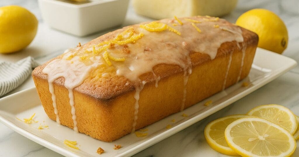 Moist lemon pound cakewith glossy white glaze, soft texture, served with fresh lemon slices.
