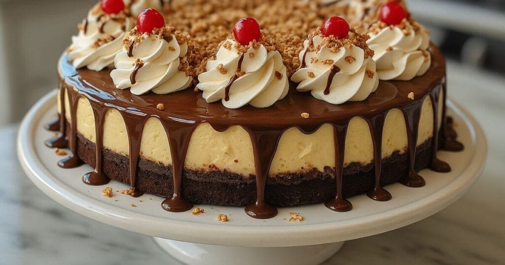 Hot Fudge Sundae Brownie Cheesecake Recipe topped with whipped cream, cherries, and chocolate ganache.