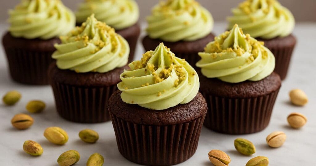 Best Chocolate Pistachio Cupcakes Ever Made with rich chocolate base and creamy pistachio frosting topped with crushed nuts