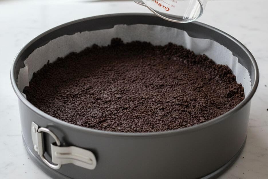 Crush chocolate sandwich cookies Press it into the bottom of your pan