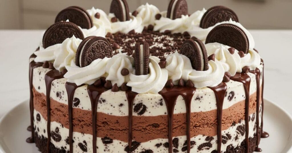 Layered ice cream cookie cake with chocolate sandwich cookies crust, chocolate and vanilla ice cream, and whipped cream topping – a no-bake dessert in 3 easy steps.