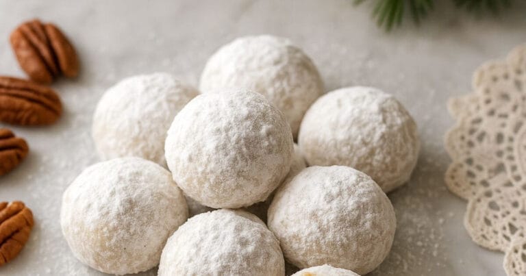 Close-up of classic snowball cookies coated in powdered sugar, stacked on a marble surface with pecans and a lace doily in the background.
