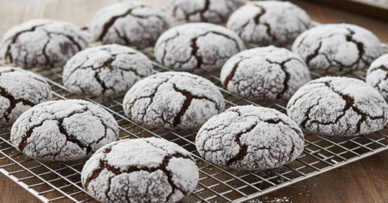 Perfectly baked fluffy chocolate crinkle cookies dusted with powdered sugar cooling on a wire rack.