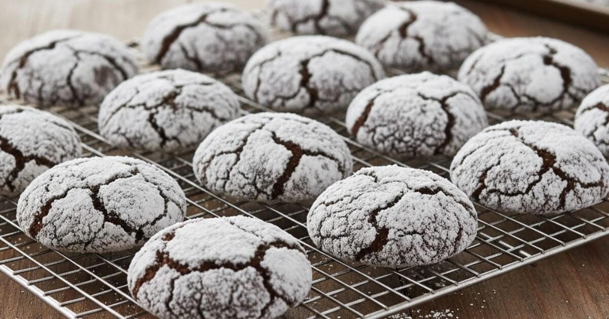 Perfectly baked fluffy chocolate crinkle cookies dusted with powdered sugar cooling on a wire rack.