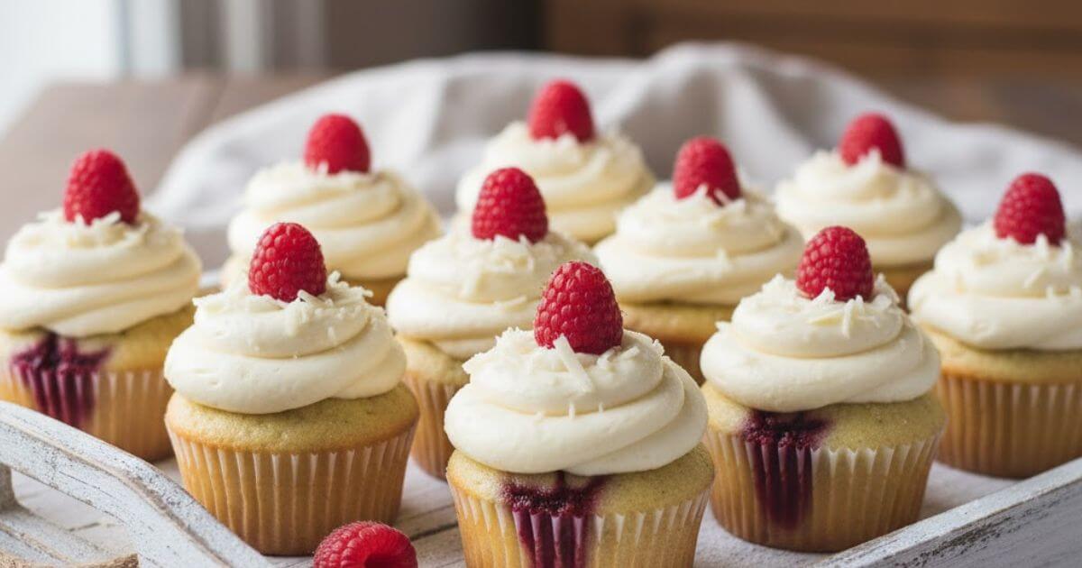 Easy White Chocolate Raspberry Mini Cupcakes topped with creamy white chocolate frosting and fresh raspberries.