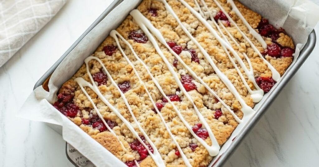 Cherry pie bars in a baking pan topped with crumble and white icing drizzle.