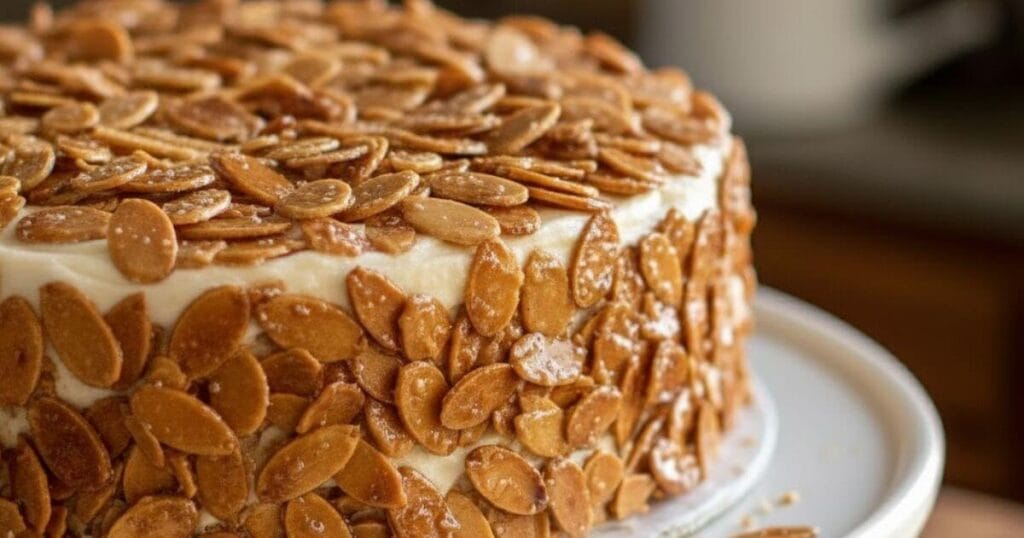Burnt almond cake covered in caramelized sliced almonds on a cake stand, showcasing a rich crunchy topping.
