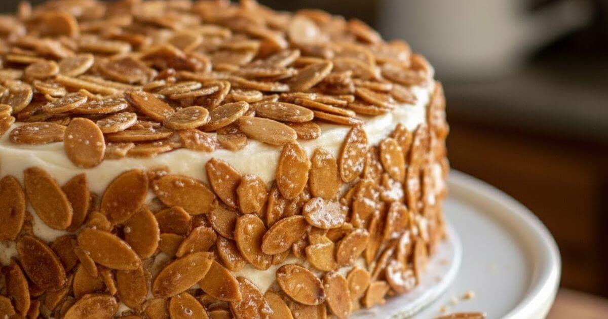 Burnt almond cake covered in caramelized sliced almonds on a cake stand, showcasing a rich crunchy topping.