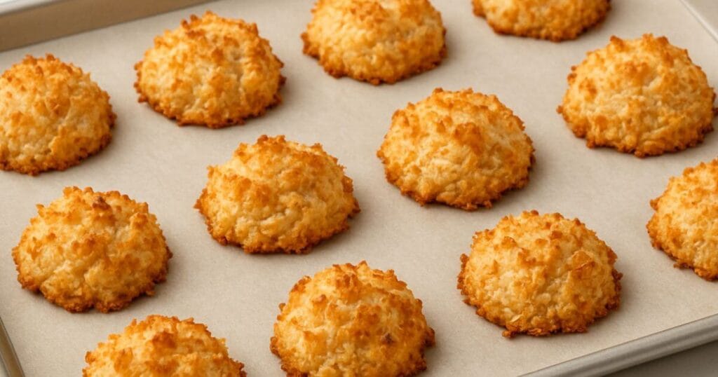 A golden-brown coconut macaroons, freshly baked and slightly toasted for a crisp exterior and chewy center.