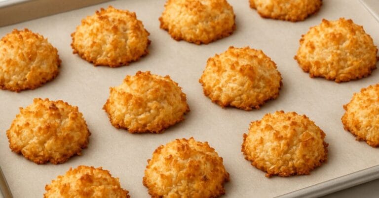 A golden-brown coconut macaroons, freshly baked and slightly toasted for a crisp exterior and chewy center.