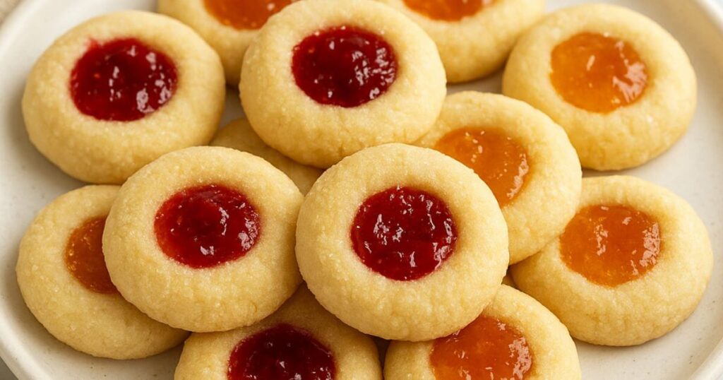 A plate of golden thumbprint cookies filled with raspberry and apricot jam on a marble surface with a linen napkin perfect for Thumbprint Cookies: 5 Easy Ways to Bake Them.