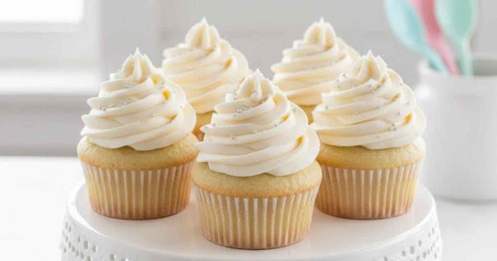 Freshly baked white cupcakes with Buttercream frosting displayed on a cake stand Best White Cupcakes Recipe: 4 Tips for Moist Results.