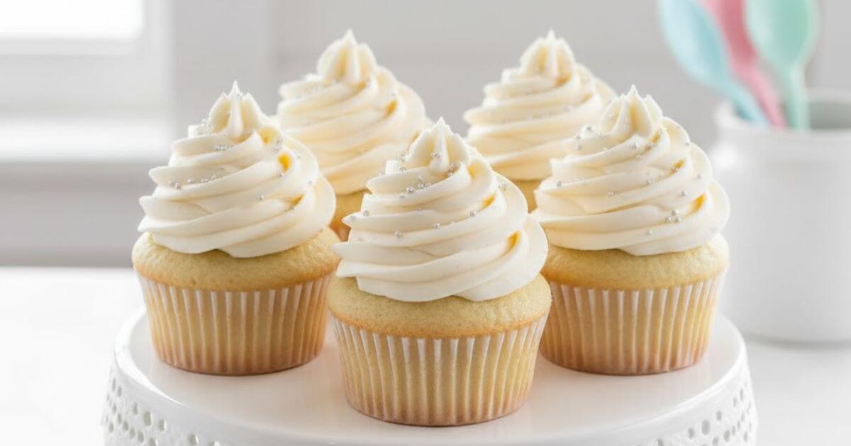 Freshly baked white cupcakes with Buttercream frosting displayed on a cake stand Best White Cupcakes Recipe: 4 Tips for Moist Results.