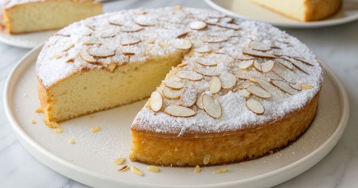 Sliced Almond Ricotta Cake: 5 Easy Steps to Bake. Cake topped with sliced almonds and powdered sugar on a white plate.