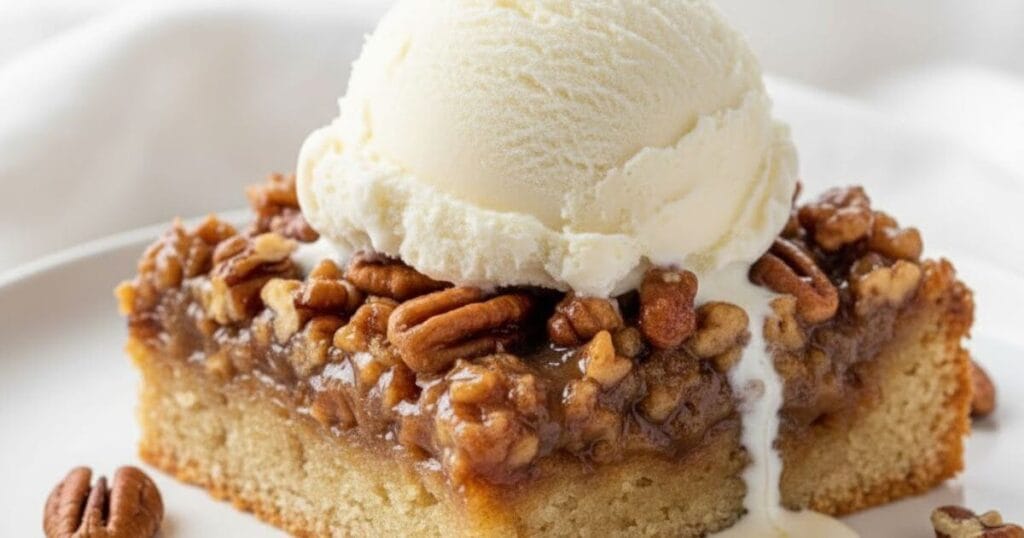 Slice of pecan pie dump cake topped with vanilla ice cream